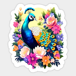 A Cute Peacock Surrounded by Bold Vibrant Spring Flowers Sticker